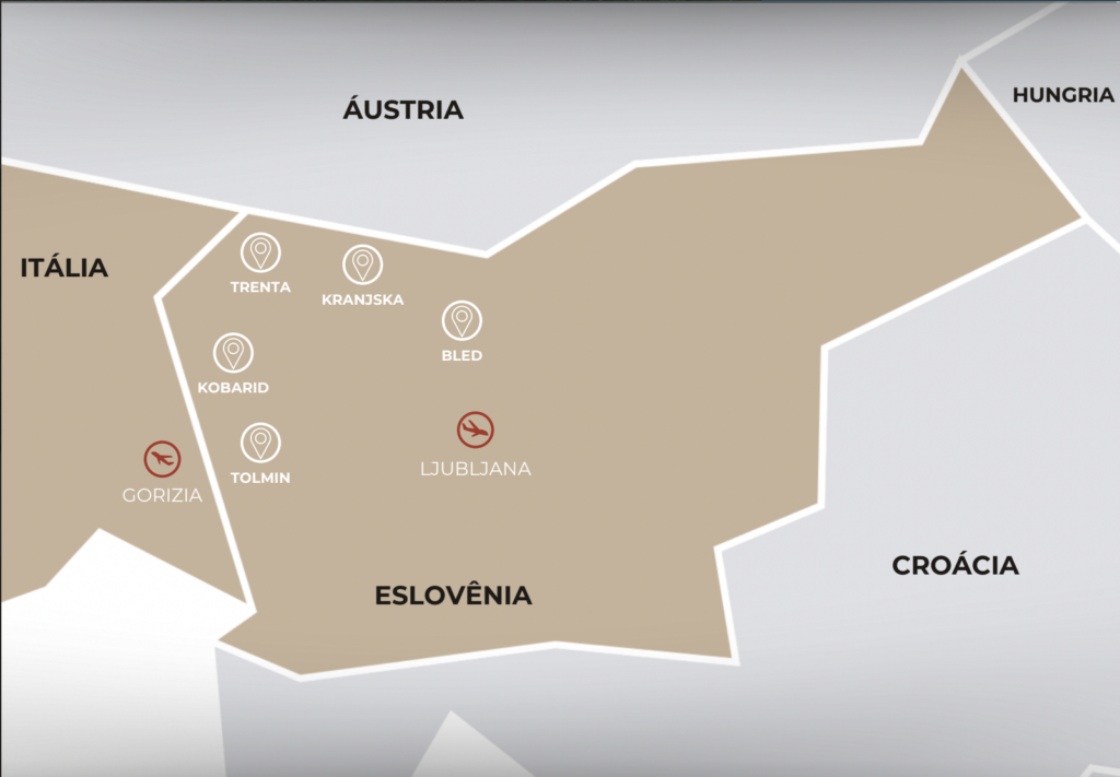 mapa do trajeto da viagem que será feita pela Eslovênia passando pela Itália